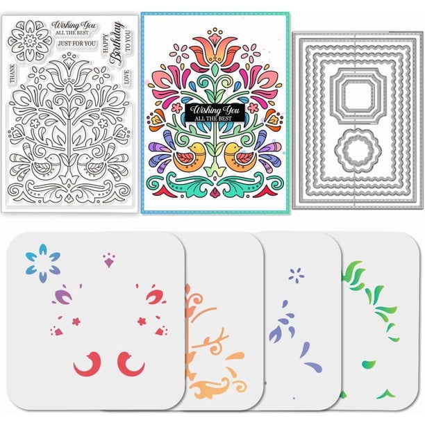 Juego de 10 sellos de fondo con diseño de arte popular, marco rectangular de metal, troqueles, capas de color, mandalas, flores, pintura PET, plantillas para manualidades.