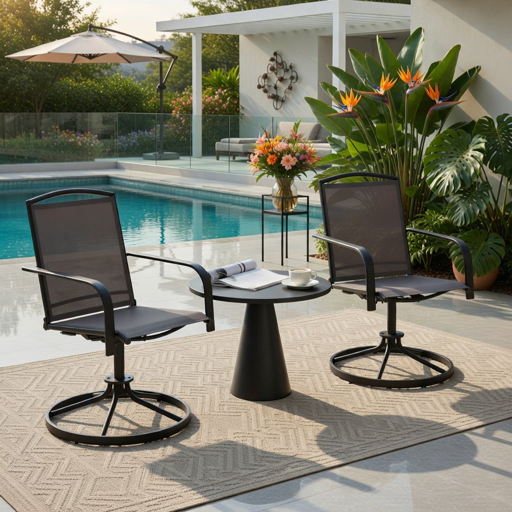 Hommoo 2-Piece Outdoor Swivel Chair Set, High-Back, Breathable Mesh Seat, 360° Rotating & Gentle Rocking, Metal Patio Chairs for Deck, Porch & Garden, Gray