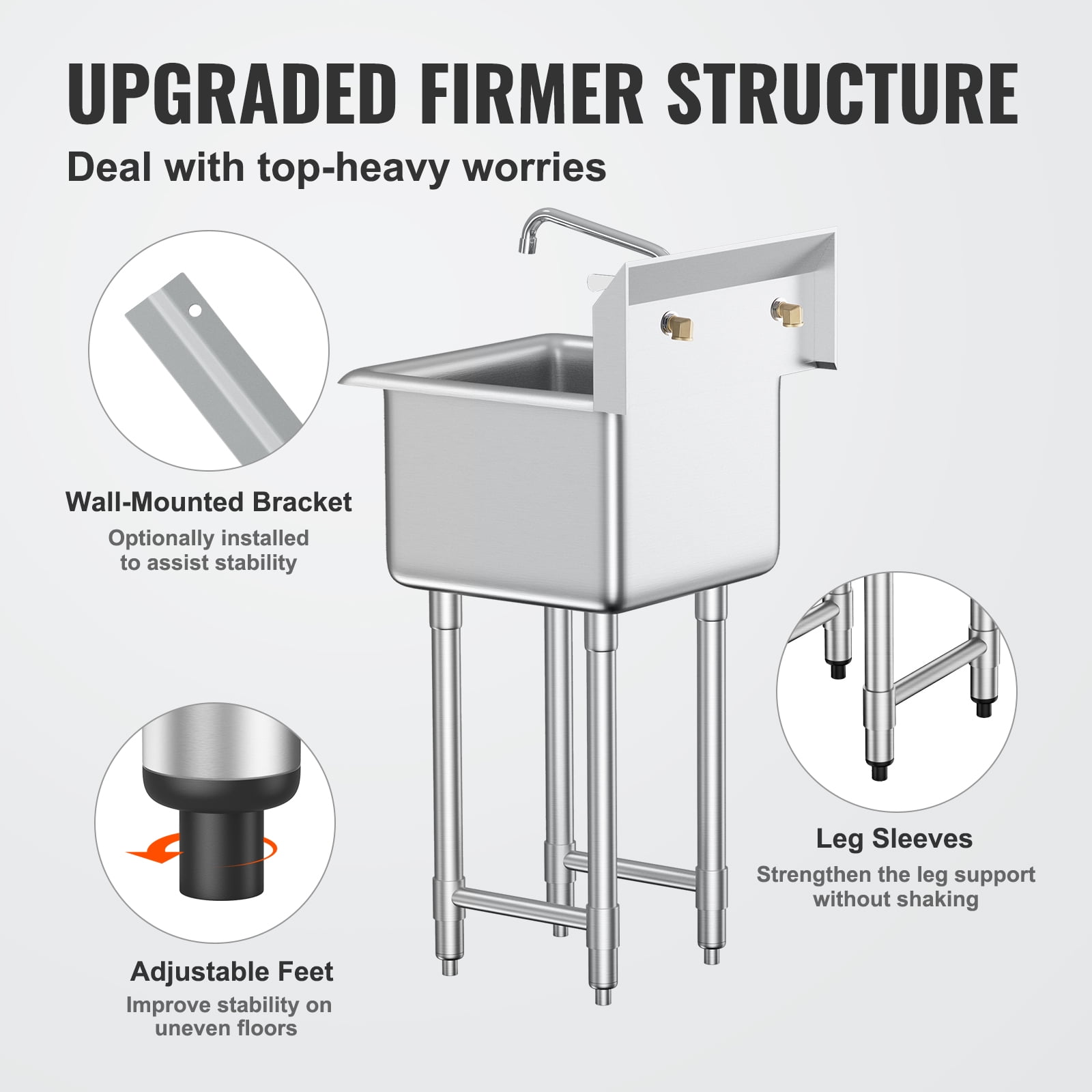 KFFKFF Stainless Steel Backsplash Commercial Utility & Prep Sink 1 Compartment