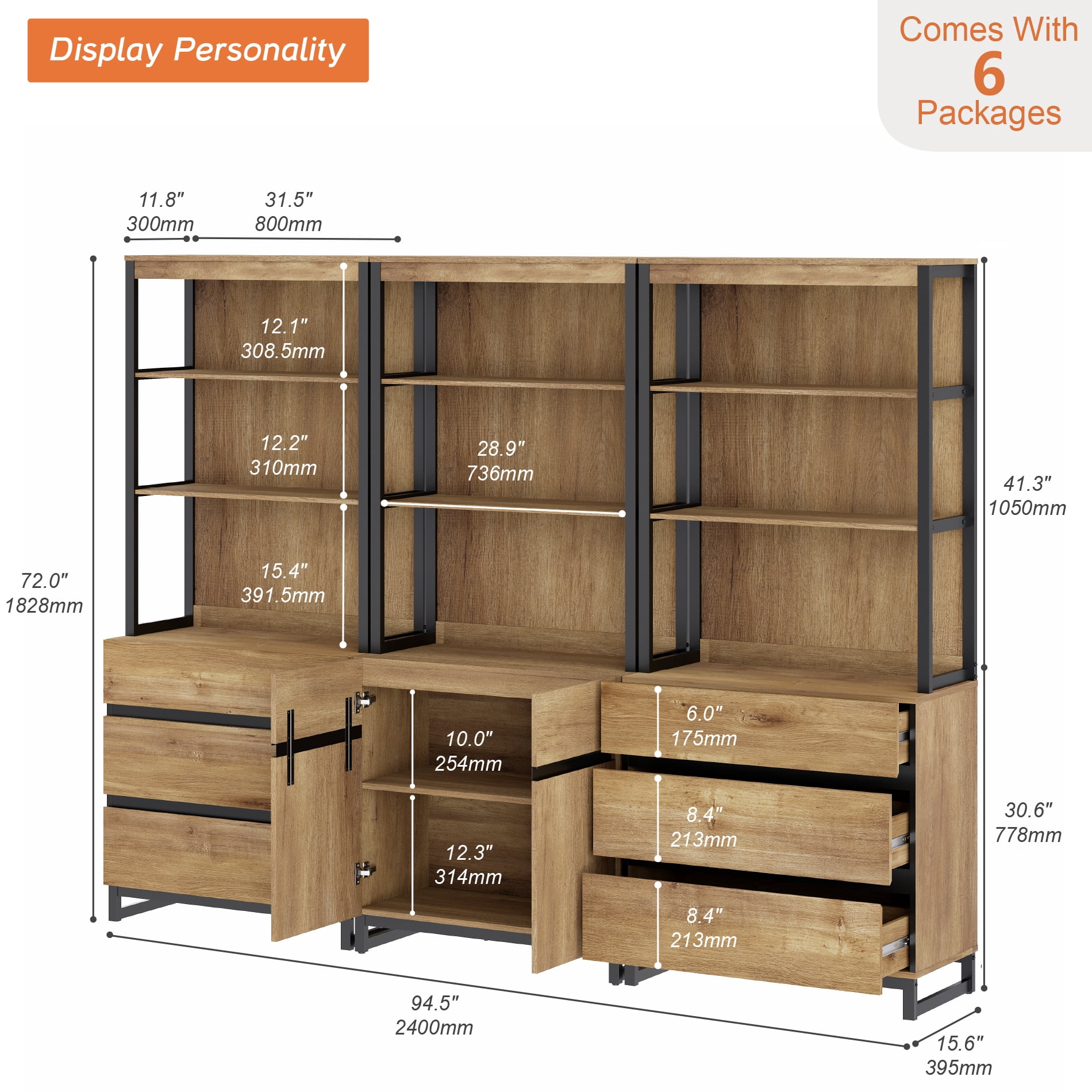 WAMPAT 3-Piece Modern 72" Tall Bookcase,6 Drawers & Adjustable Shelves with Storage Cabinet & Open Shelves, Freestanding Wood Library Bookshelf for Home Office & Living Room