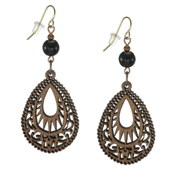 Beautiful Boho Wood Carved Teardrop and Black Glass Earrings – Hypoallergenic Earwires