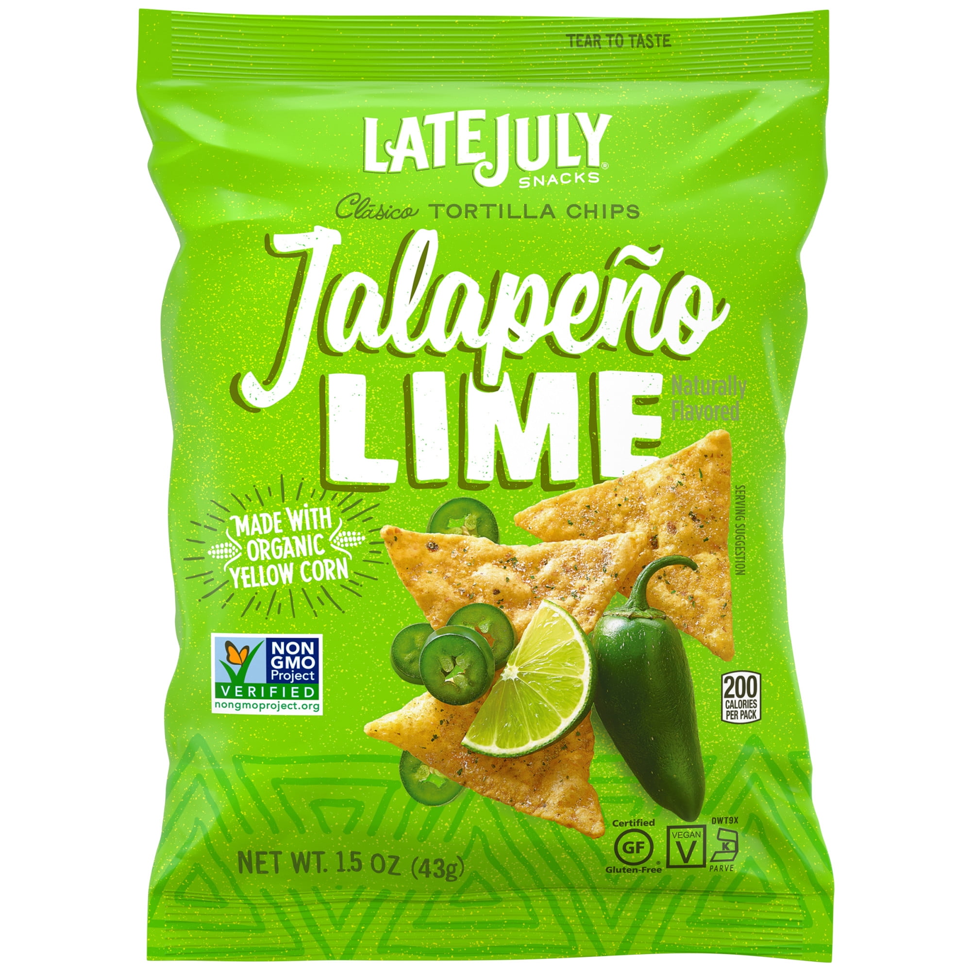 LATE JULY Snacks Clásico Jalapeno Lime Tortilla Chips, 1.5 oz. Bag