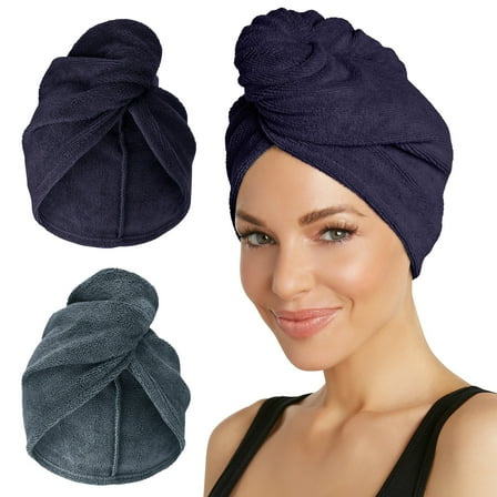 Turbie Twist Microfiber Hair Towel Wrap for Women and Men | 2 Pack | Bathroom Essential Accessories | Quick Dry Hair Turban for Drying Curly, Long & Thick Hair - Evening Blue & Dark Shadow