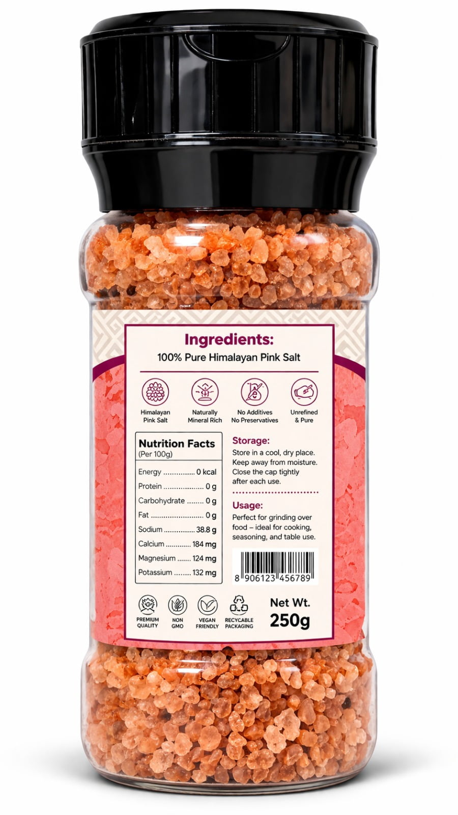 AHS Himalayan Pink Salt Grinder, Coarse Grain Pink Salt Crystals, Natural Pure Food Grade Himalayan Salt, Mineral Rich Seasoning for Cooking & Kitchen Use, 250g Bottle (Pack of 4)
