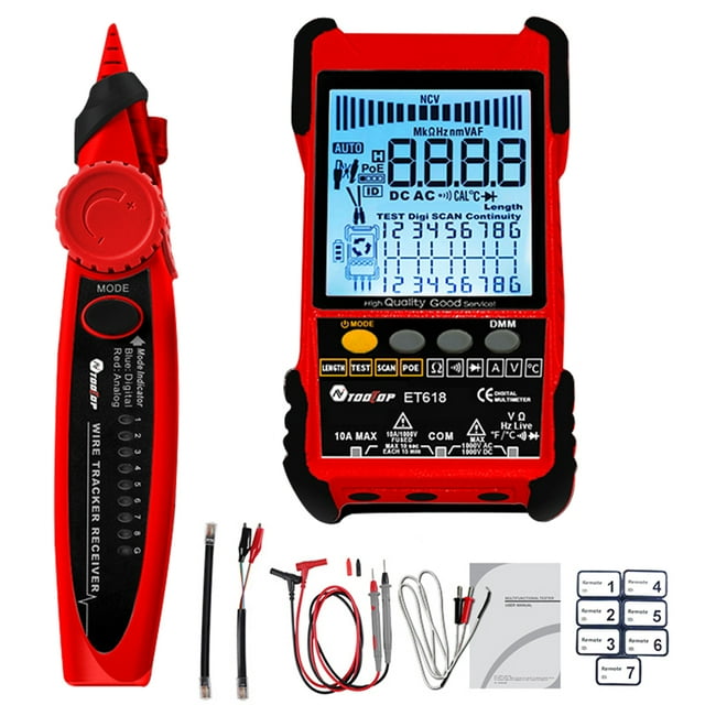 Probador de cable de red 2 en 1 portátil de mano Multímetro Pantalla LCD con retroiluminac Carevas Probador de cables de red
