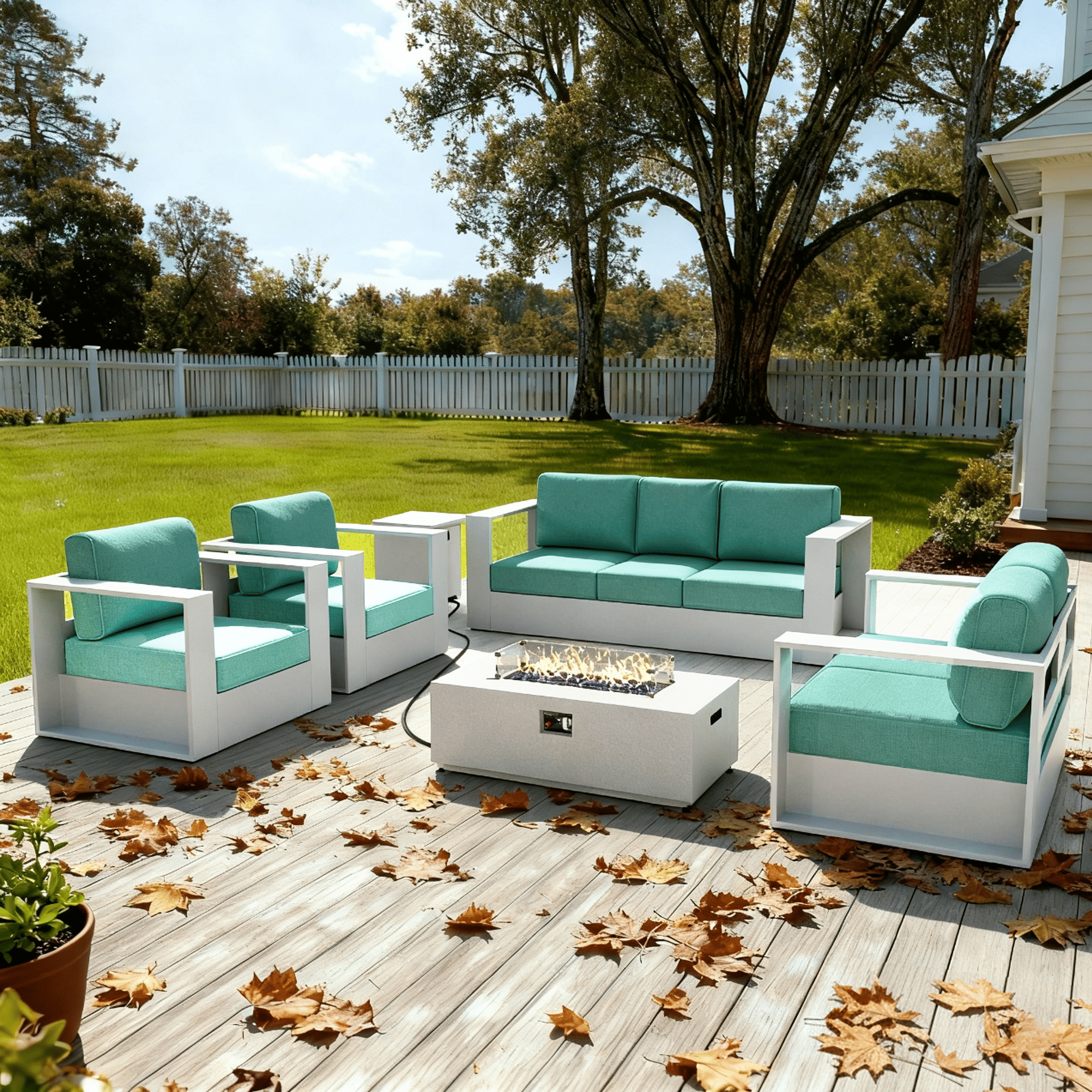LayinSun Oversized Aluminum Outdoor Furniture Set, 4 Piece Patio Sofa Sets with Fire Pit Table, Deep Seating and Upgraded 6-inch Cushions for Porch, Balcony, Deck
