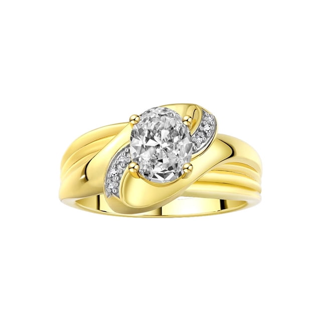 RYLOS Bagues pour Femmes Bague en Argent Plaquée Or 14K Pierre Précieuse Ovale 9X7MM et Diamants Design Classique Avril Topaze Blanche Bijoux pour Femmes Taille 8