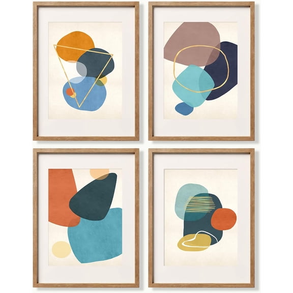Boho Abstract Canvas Wall Art - Umframed 8x10 Set of 4, Drawing Line Mid Century Modern Decor for Bedroom, Minimalist Wall Prints for Living Room, Blue Gold Aesthetic Posters Bathroom Office Gifts