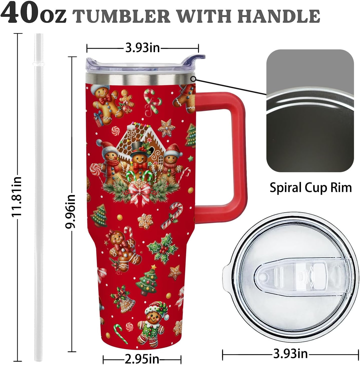 40 oz Gingerbread Christmas Tumbler with Handle Gifts for Women Adults Girls, Stainless Steel Christmas Insulated Tumblers with Lids and Straws, Red