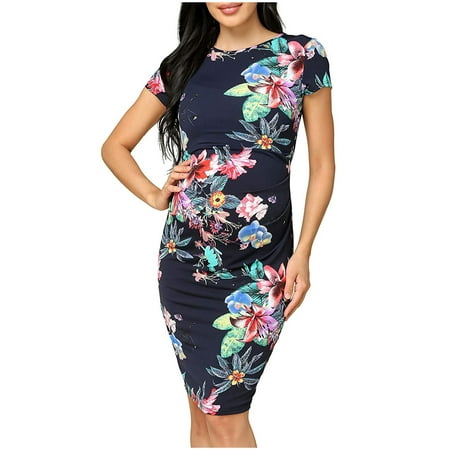 

Taqqpue Womens Summer Short Sleeve Maternity Dress Casual Floral Printed Pregnancy Bodycon Dress Mama Maternity Clothes Side Ruched Midi Maternity Dress for Photoshoot Baby Shower