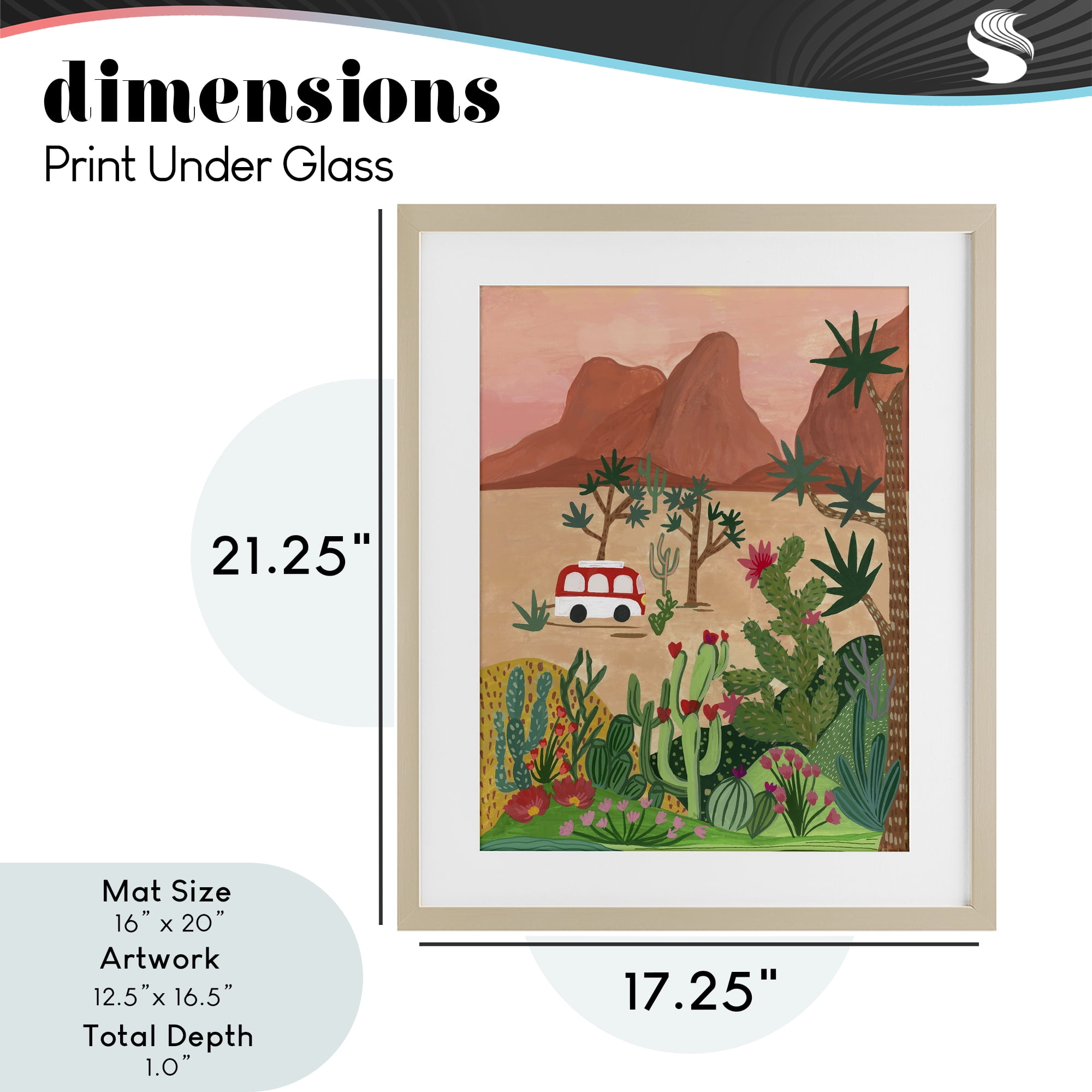 Desert Camper & Cacti Birch Framed Print Under Glass, design by Nabeela Rumi