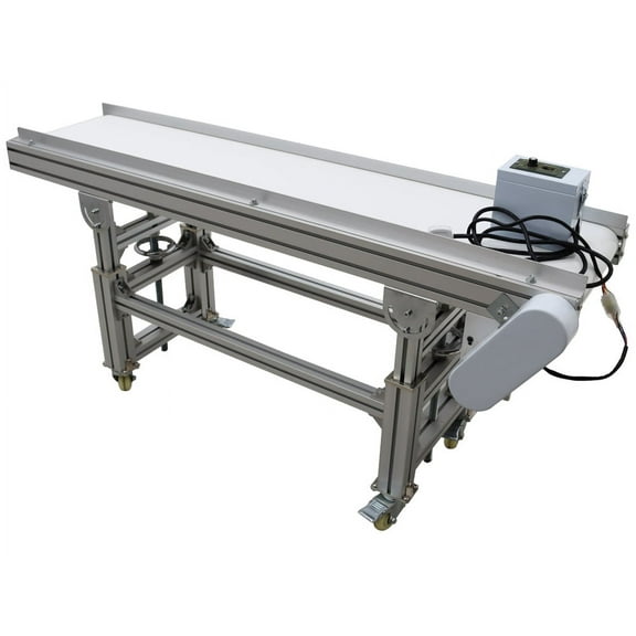 INTSUPERMAI 59"*11.8" PVC Flat Belt Conveyor Industrial Conveyor Transport System with Baffle Double Guardrail White