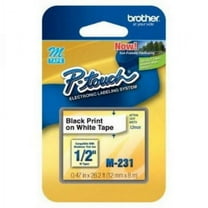 2 X Brother M231 - 12mm (1/2") Black on White Non-Laminated Tape