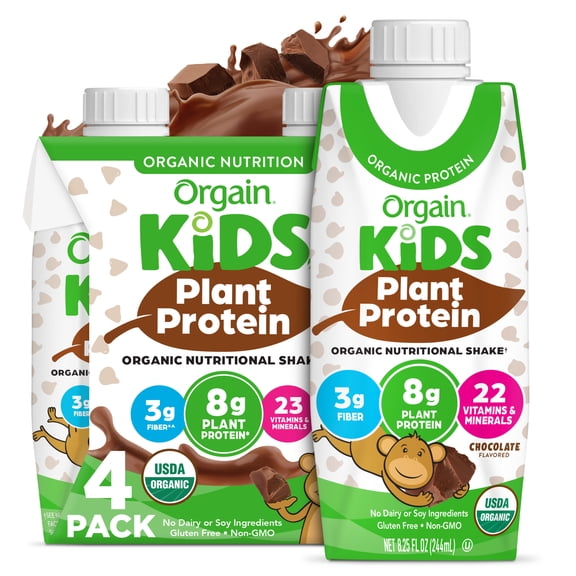 Orgain Organic Kids Vegan Nutritional Shake, 23 Vitamins & Minerals, Chocolate, 8 fl. oz, 4ct