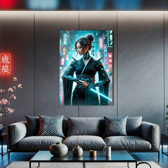 Neon Blade Geisha Cyberpunk Warrior Canvas Print - Futuristic Wall Art for Home Decor