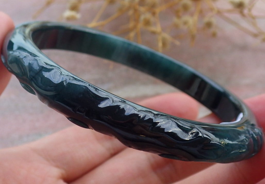Icy Green Natural A JADE Jadeite Bird Leaf Flower Bangle Bracelet 58 mm 684011 TN