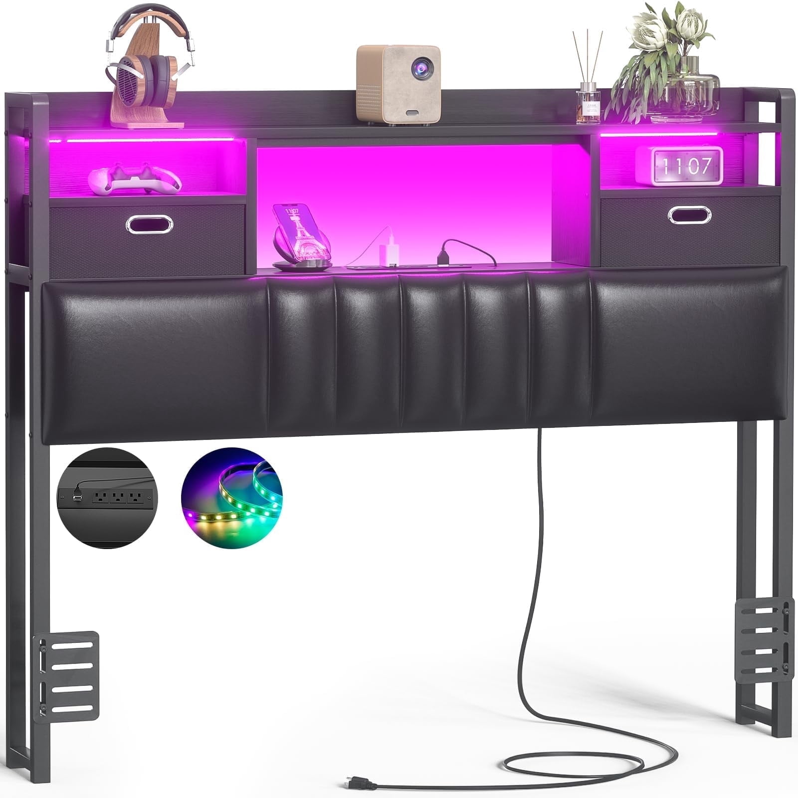 Aheaplus Twin Headboard with Drawer Storage and RGB LED Light, Twin Size Upholstered Headboard with Charging Station and Bookcase, for Bedroom/Dorm Room/Guest Room, Black