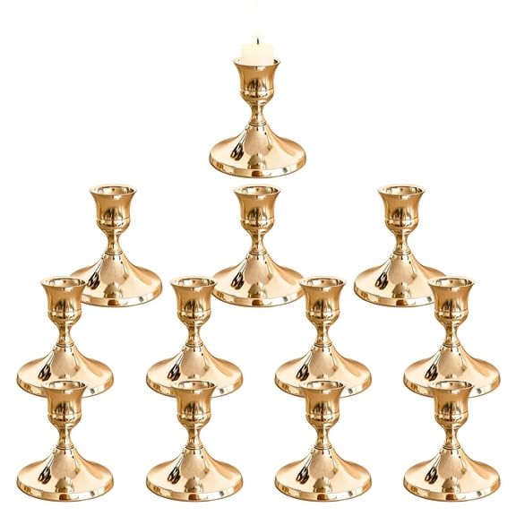 VEGCOO 12PCS Gold Taper Candle Holders, Vintage Metal Candlestick Holders Set for Table Centerpiece Wedding Reception Decor, Candle Stick Holder for Festive Christmas Mantel Decoration or Home Decor