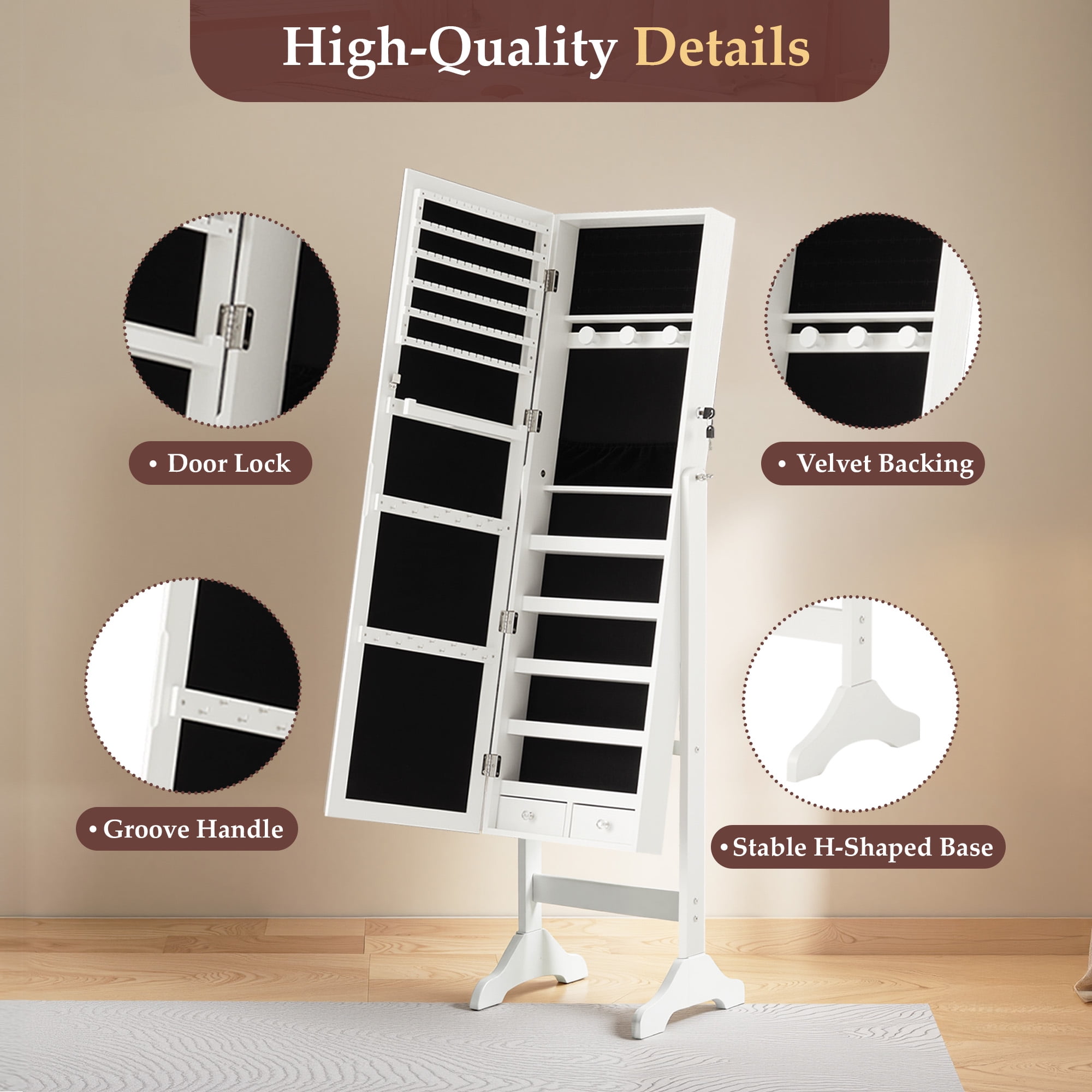 EDX Freestanding Full-Length Mirror Jewelry Cabinet, 3 Angle Adjustable Large Jewelry Armoire Organizer with Makeup Storage, White