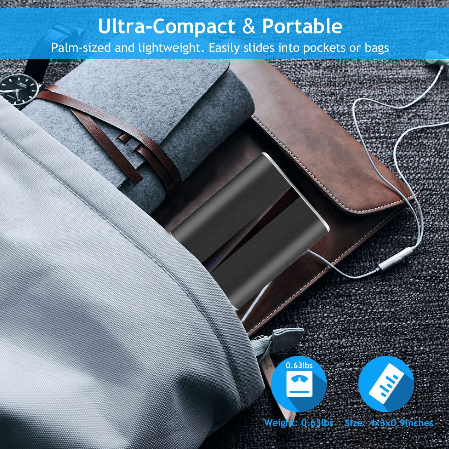 PowerMaster 12000mAh Portable Charger with Dual USB Ports 3.1A Output Power Bank Black