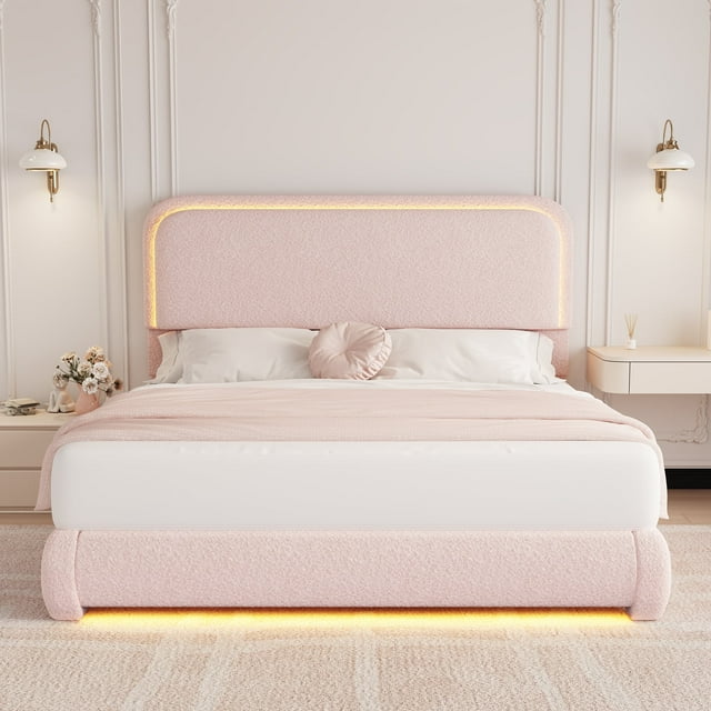 SIBEDS Cadre de Lit Grand à DEL, Lit Plateforme Rembourré en Molleton Teddy, Aucun Sommier Requis, Rose