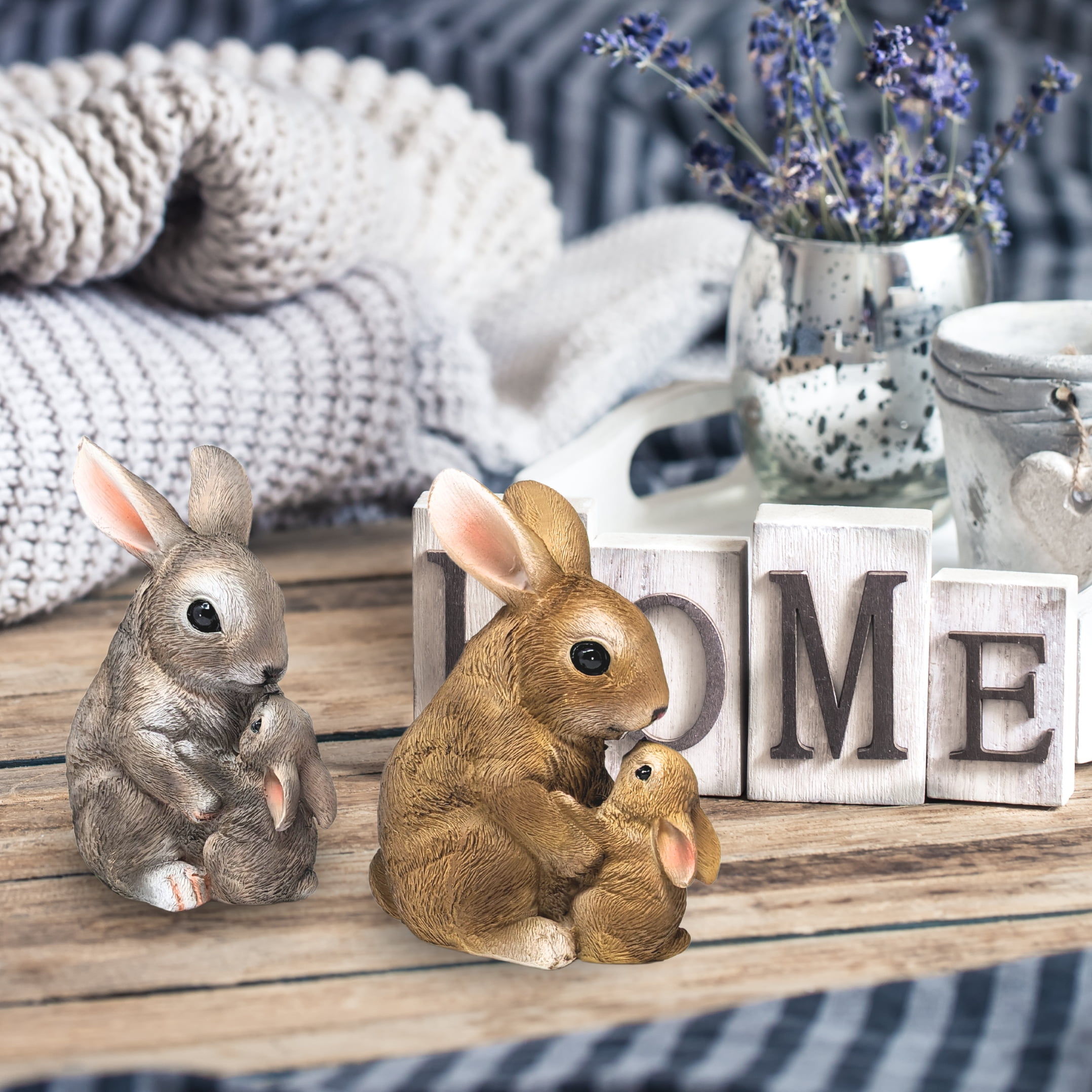 2-Piece Mom & Baby Rabbit Figurines – Adorable Bunny Statues, Resin Animal Sculptures for Home, Indoor & Garden Décor – Cute Easter, Farmhouse, Rustic, and Woodland Decorations