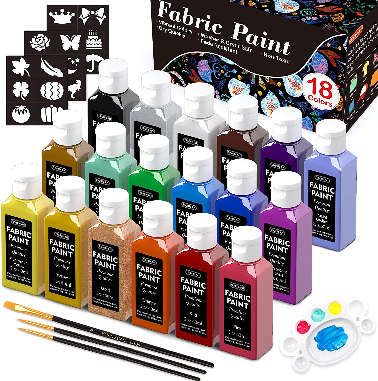 Fabric Paint, Shuttle Art 18 Colors Permanent Soft Fabric Paint in