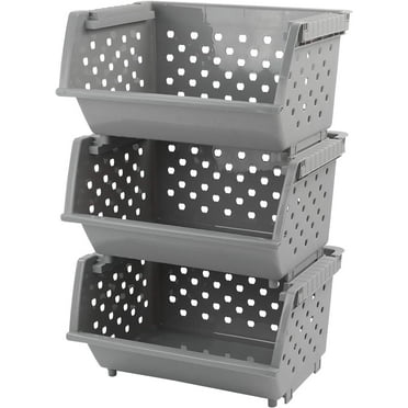 3 Pack Stacking Open Front Storage Bins, Gray Stackable Pantry Basket Plastic