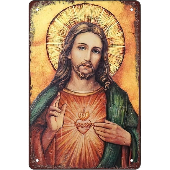 Retro Funny Metal Sign Sheet Signs Tin Sign,Sacred Heart ，Jesus ,outdoor Home Wall Decoration, size:8 x 12.