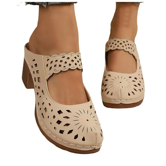 Mepaouo Women's Cutout Mule Clogs Open Back Chunky Heel Dress Shoes Arch Support Walking Pumps Beige 6.5