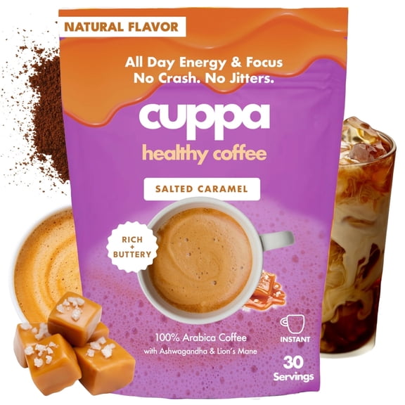 Cuppa Salted Caramel Healthy Mushroom Instant Coffee with Lion's Mane & Ashwagandha for All Day Energy & Focus - No Crash or Jitters(30 Servings)