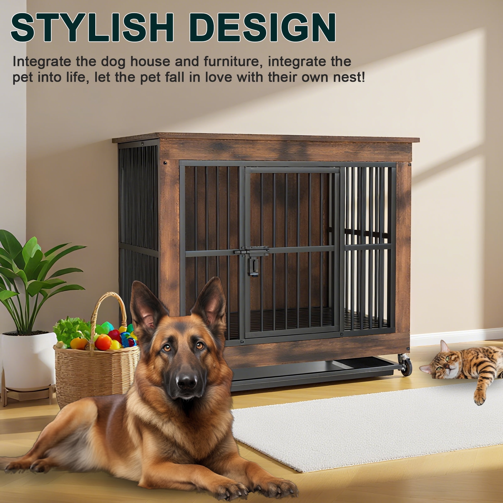 Jacgood 39 inch Dog Crate Furniture, Heavy Duty Dog Kennel End Table with Door & Removable Tray,Chew Proof 0.59" Tube Kennel Furniture with Lock,Rustic Brown