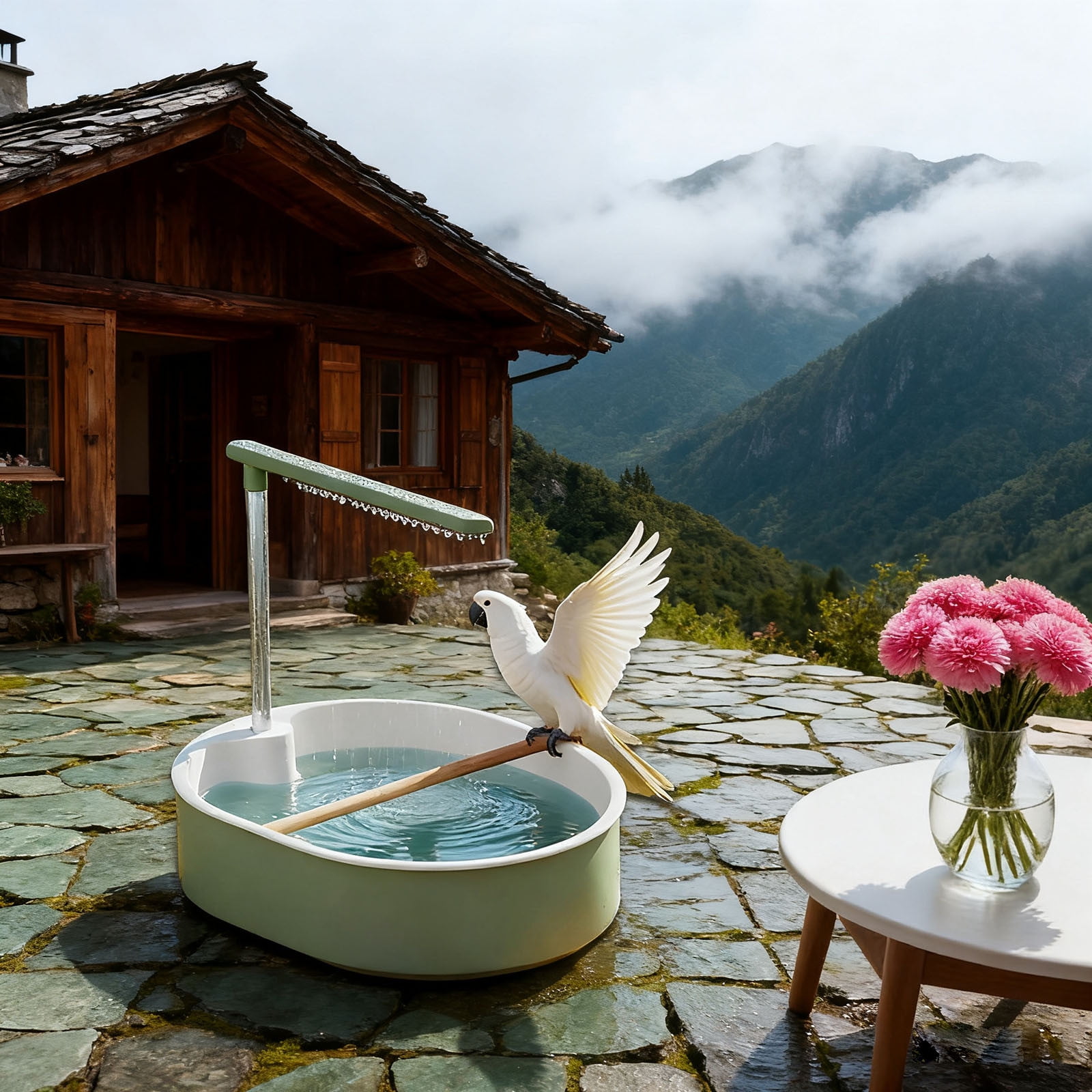 Automatic Parrot Bird Bath with Rain Shower System and Continuous Water Circulation for Indoor Pet Birds