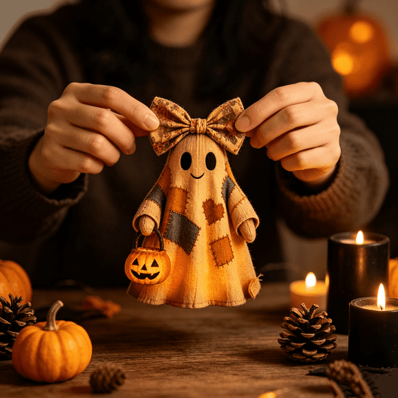 Vintage Patchwork Ghost Halloween Decor 23.62in with LED Pumpkin Light for Adding a Nostalgic Halloween Touch to Your Home