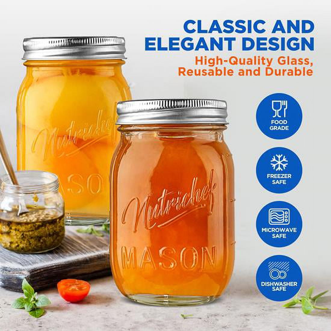 NutriChef 16oz DIY Magnetic Spice Mason Jar Glass Container w/ Airtight Lid and Band (8 Pcs)