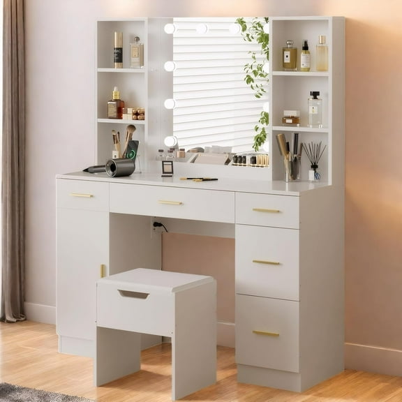 Modern Makeup Vanity Table Set With Lighted Mirror,56" Farmhouse Vanity Desk With Charge Station&Storage Shelves,Dressing Table for Women & Girls,3 Lighting Modes,Brightness Adjustable（WHite）