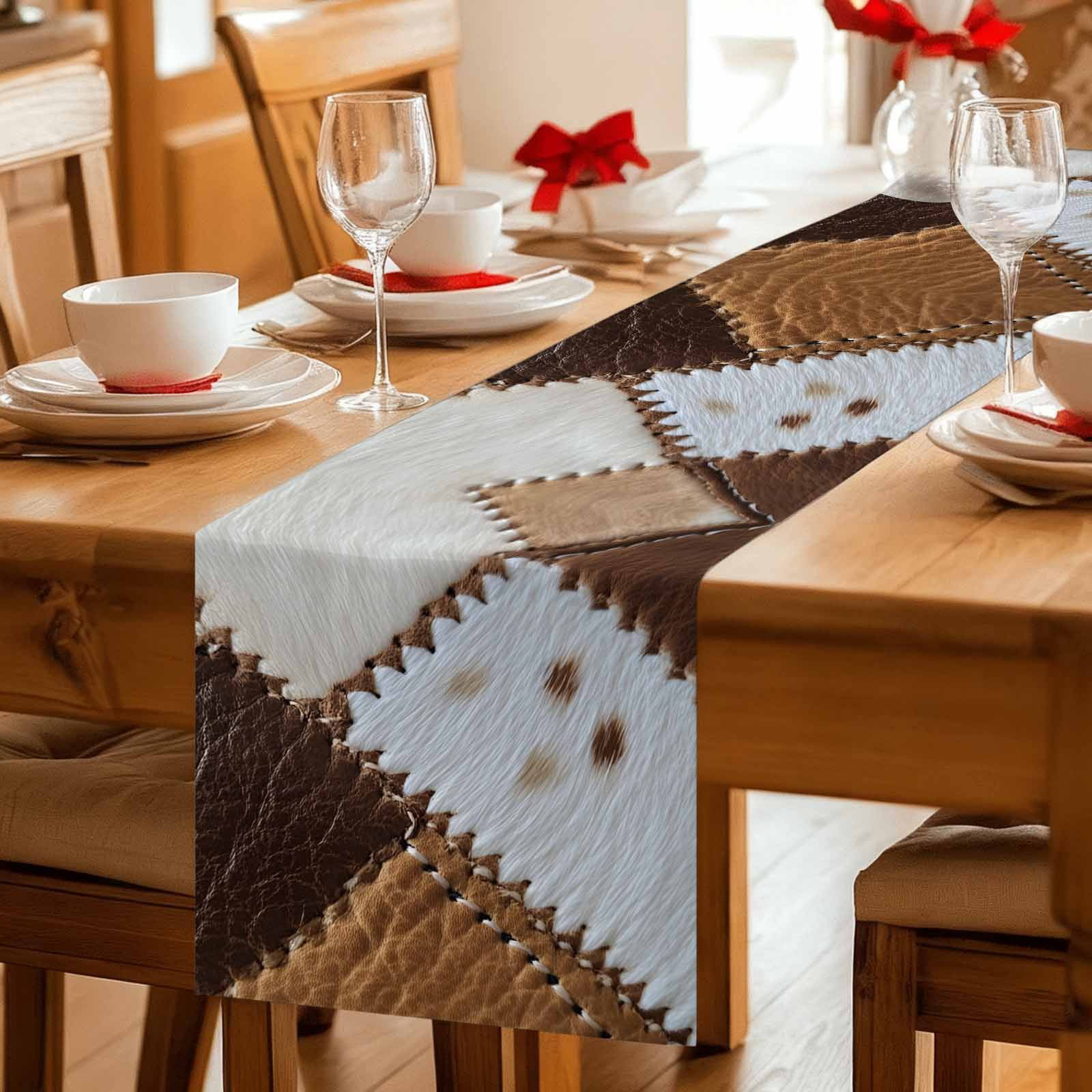 Leather Cowhide Table Runner, Brown White Seam Collage Abstract Art Cotton Linen Kitchen Table Decoration Washable Dining Tabletop Runners for Home Party Decor 18x72 Inches