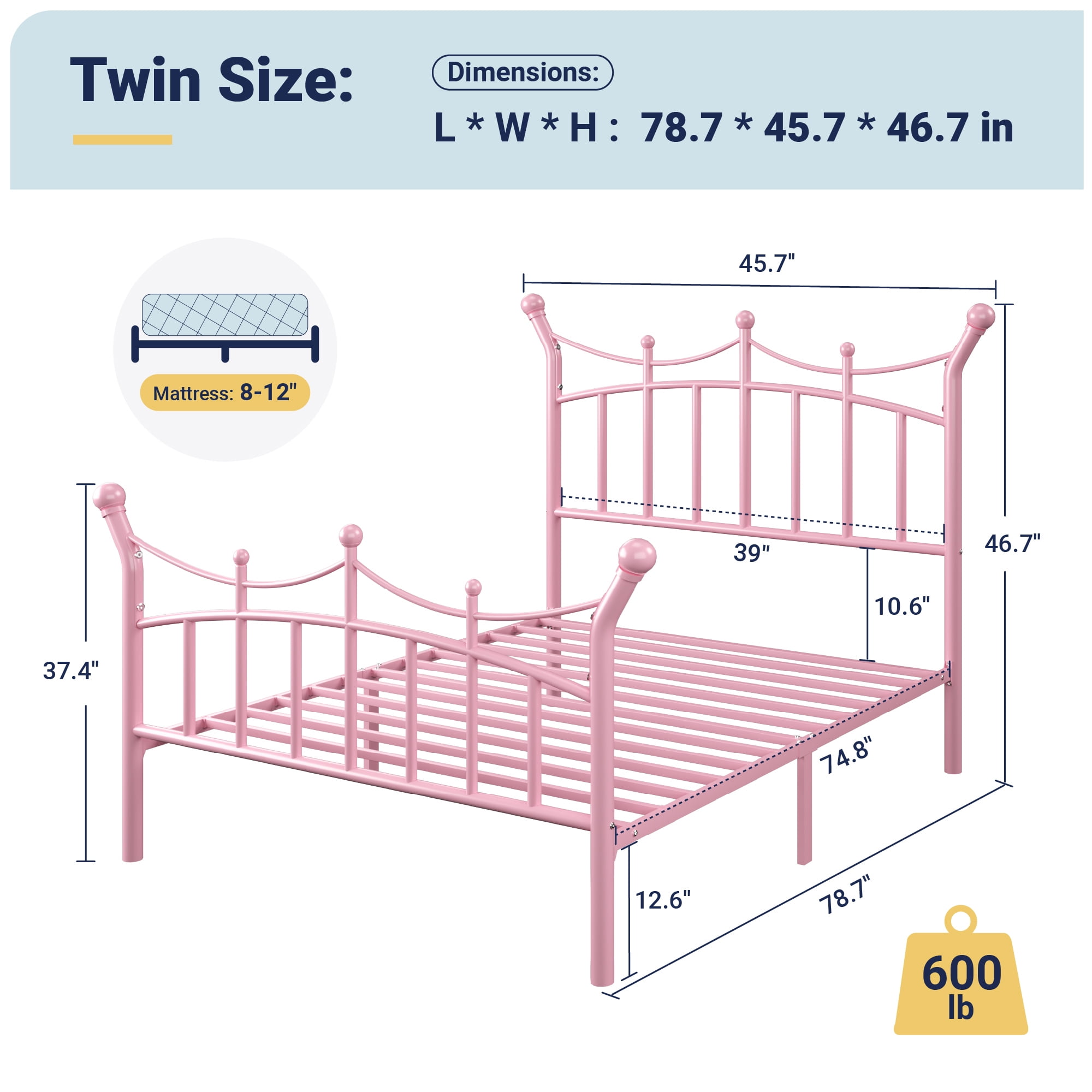 Allewie 14 Inches Twin Size Metal Platform Bed Frame with Elegant Crown Headboard & Footboard, Sturdy Mattress Foundation with Under-Bed Storage, Easy Assembly, No Box Spring Needed, Pink