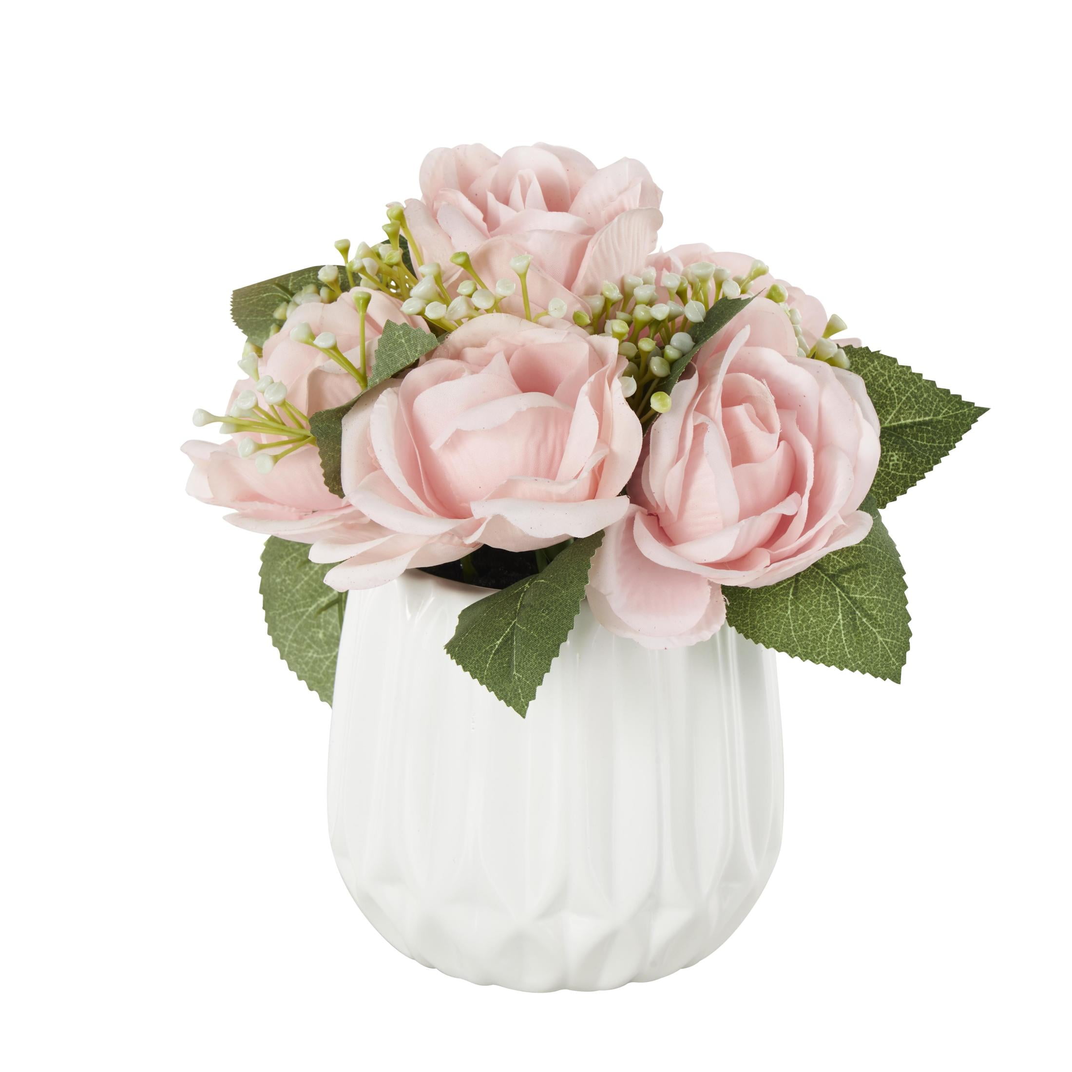 9" Plastic  Hydrangea and Pom Pom Artificial Flower in Green Leaves and Round Ceramic Vase, by DecMode