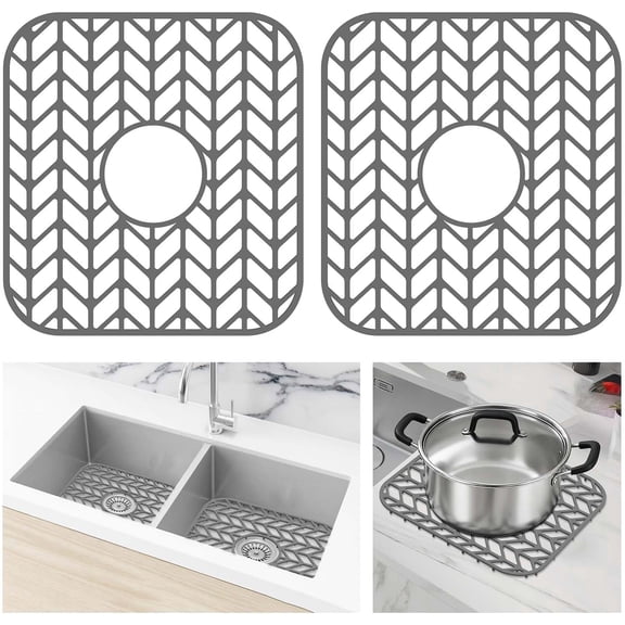 2 Pack Silicone Sink Protectors for Kitchen Sink, 12" x 11" Bottom Mat with Center Drain Hole, Protects from Stains & Scratches, Dishwasher Safe Sink Grid, Gray