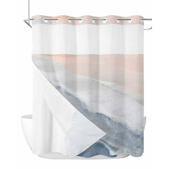 No Hook Cloth Fabric Shower Curtain with Snap in Liner, Navy Blue Coastal Wave Waterproof Shower Curtains Set with See Through Top Window, Summer Modern Ocean Beach Bath Curtains Shower 72"x78"