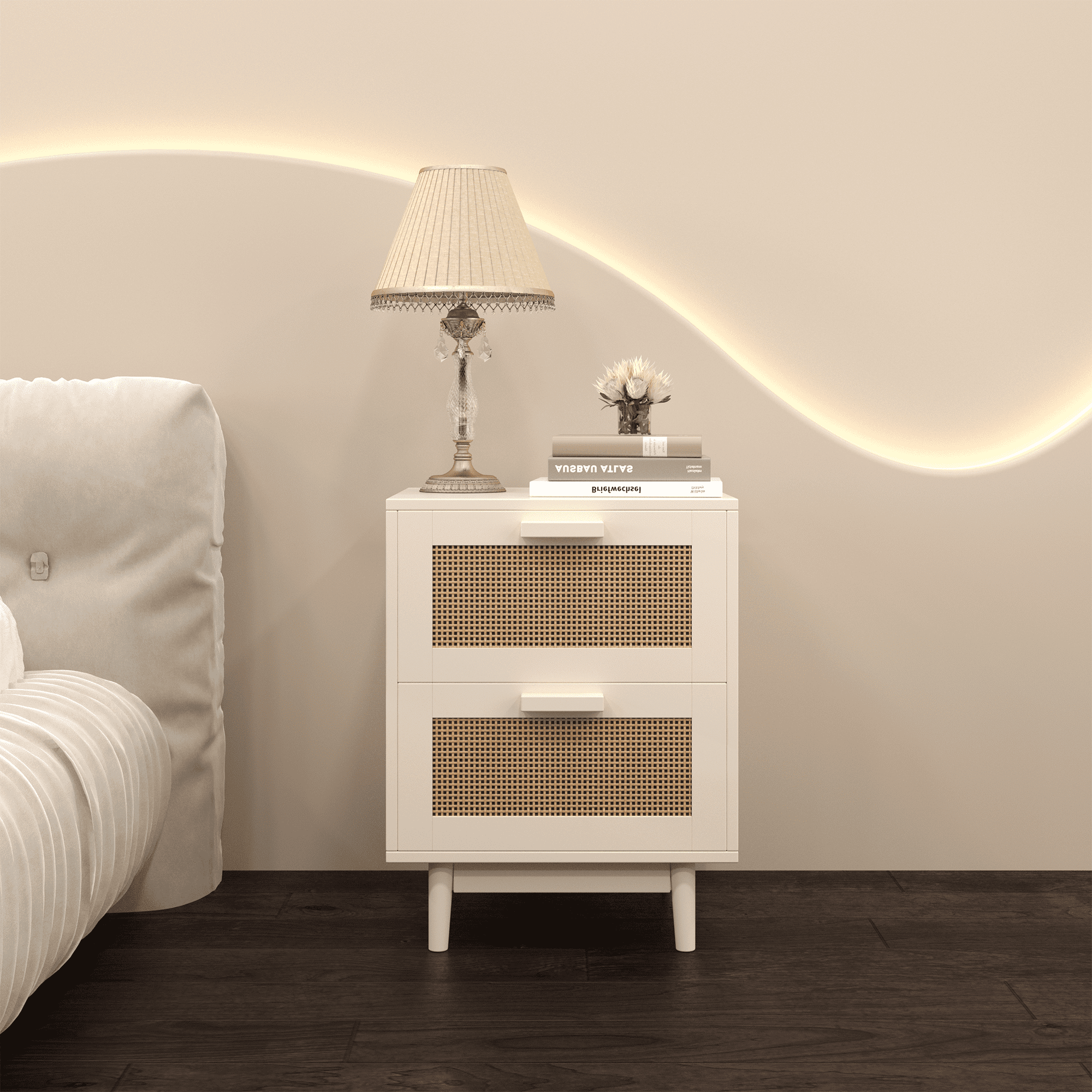 Yoneston Rattan Nightstand with 2 Drawers, Storage Bedside Accent Table End Table for Bedroom, Dorm and Small Spaces, Off-White
