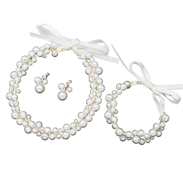 1 juego de accesorios de joyería elegantes para boda, diadema de perlas para novia, pulsera y pendientes para dama de honor, fiesta para mujer