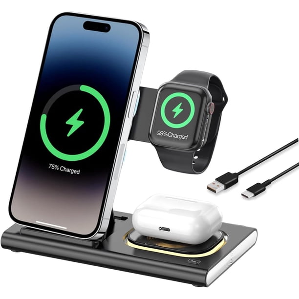 Cargador Inalámbrico 3 en 1 15W, Soporte de Carga Inalámbrico Portátil, Estación de Carga Inalámbrica con Cable USB-C, Compatible con iPhone 17/16/15/14/13, AirPods, Apple Watch Ultra/SE/Series 10