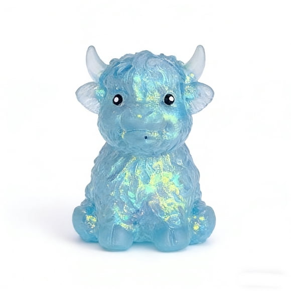 Rijanmt Glitter Highland Cow Squishies Squeeze Animal,Mini Cattle Soft Silicone Pinch Pressure Reducing,Slow Rising Sensory Fidget Stress Decor,Gift for Adults,Cow Lovers,Blue