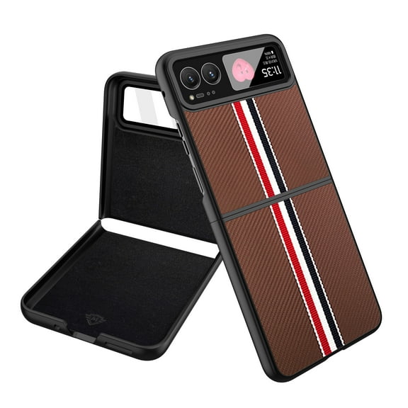 For Motorola Razr 2023 Velvet Fabric PU Leather Flip Hybrid Shockproof Hard PC Shell TPU Thin Slim Durable Protective Cover ,Xpm Phone Case [ Brown ]