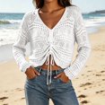 thumbnail image 2 of Ke1Clo Summer Tops for Women Boho Knitted Hollow Out V Neck Long Sleeve Tie Front Shirt Casual Loose Crop Beach Cover Up White Free Size, 2 of 7