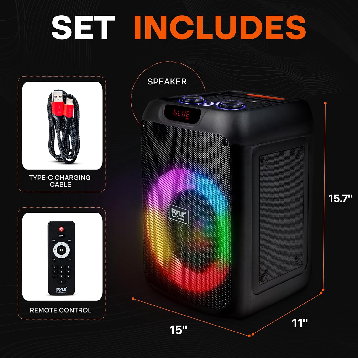 Pyle Portable Bluetooth Party Speaker, 8" Woofer, TWS, 100W, Rechargeable, Mic Input, Echo, Bass/Treble Control, USB/SD/BT/FM, LED Lights, Indoor/Outdoor