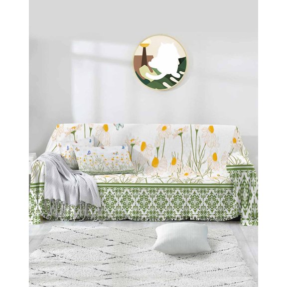 Daisy Floral Sofa Covers for 3 Cushion Couch,Washable Sectional & L Shape Couch Covers for Dog/Cat/Kid,Botanical Watercolor Green Spring Summer Non Slip Sofa Slipcover Tassel Futon Cover 71x150