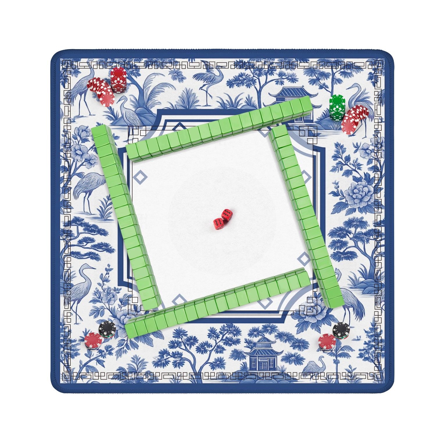 Mahjong Mat 31.5" x 31.5" Blue White Floral Crane Oriental Pavilion Anti-Slip and Noise Reduction Symmetry Design Mahjong Tiles Table Cover for Dominoes Poker Card Board and Tile Games